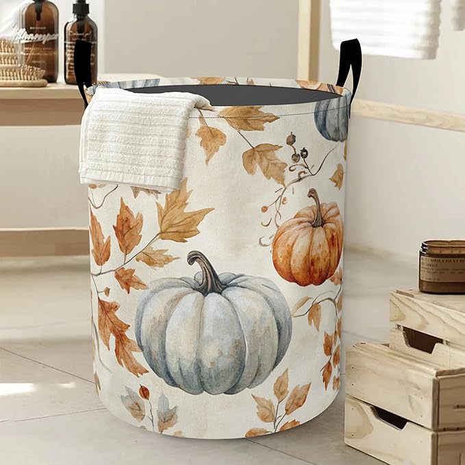 Fall Pumpkins Laundry Basket, Maple Leaves Oxford Cloth Laundry Hamper With Handle Foldable Portable Clothes Storage Basket Storage Bag For Laundry Room/Bathroom/Bedroom/Dormitories