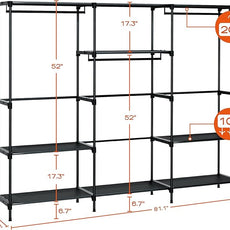 Clothes Rack, Portable Closet, 81.1 Inch Large Capacity Wardrobe Closet, Clothes Storage Organizer with Shelves and 3 Hanging Rods, Easy to Assembly, Black PCT033B01