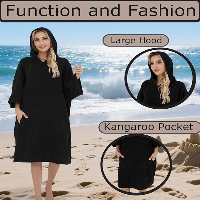 Surf Poncho Hooded Beach Towel, Quick Dry Terry Cloth, Extra Large Changing Robe with Pockets for Adults, Unisex Black Cover-Up for Swim, Bath, Beach, Gift for Swimmer Lovers