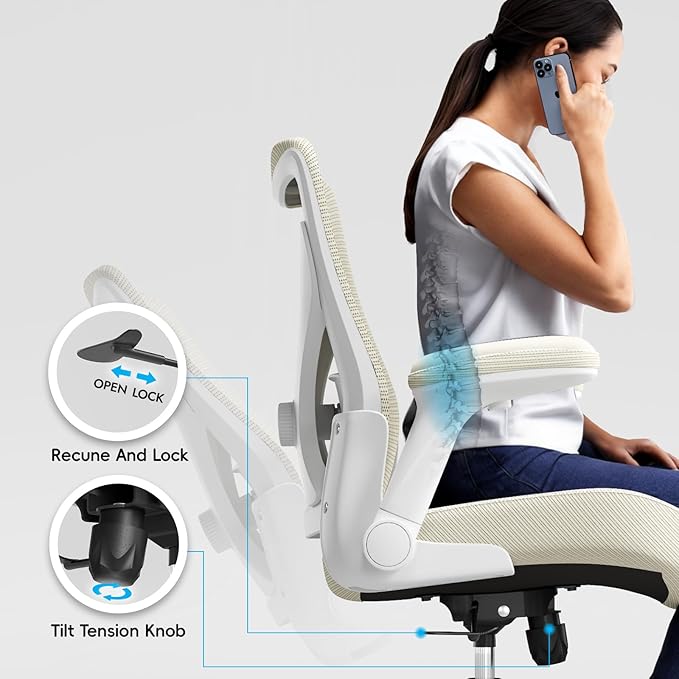 Office Home Ergonomic Desk Chair-Computer X-Shaped Chair Mesh PU Leather with Adjustable Lumbar Support-Executive Chair High Back Flip-Up Arms for Long Hours (Beige-No Headrest)