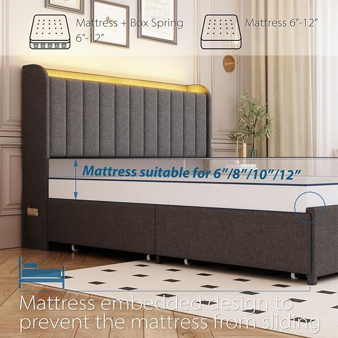 Full Bed Frame with 4 Drawers and Storage Headboard, Upholstered Platform Bed Frame Full Size with Led Lights and Handy Charging Station, No Box Spring Needed, Easy Assembly, Noise Free, Gray