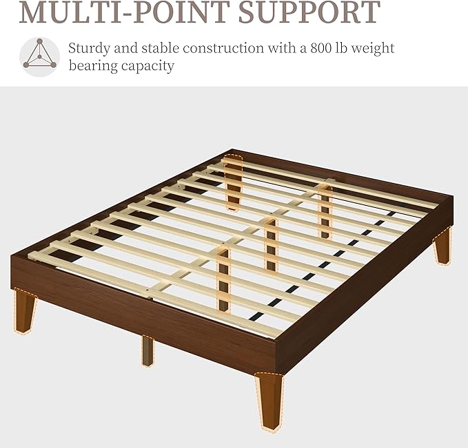 Yaheetech Queen Bed Frame Natural Solid Wood Platform Bed with Wooden Slats Support, 7.3-inch Underbed Space for Storage, Noise-Free Design, Easy Assembly, Dark Walnut Finish