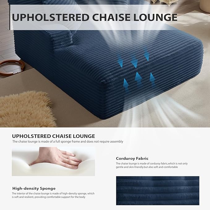 50 Inches Chaise Lounge Indoor, Oversized Chaise Lounge Chair with 3 Throw Pillows and Armrests, Corduroy Upholstered Plush Sofa Bed Lazy Chair Bed Sleeper Chair for Living Room Apartment (Blue)