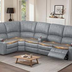 Manual Reclining Sectional Sofa Set, 5 Seats 1+1+3 Leather Reclining Corner Sectional Couch, Family-Sized L-Shaped Recliner Couch with USB Charging, Thickened Padding, Sturdy Frame, Grey