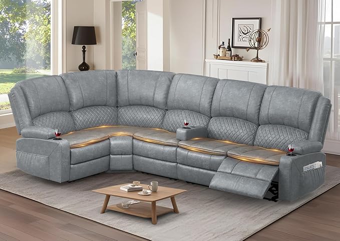 Manual Reclining Sectional Sofa Set, 5 Seats 1+1+3 Leather Reclining Corner Sectional Couch, Family-Sized L-Shaped Recliner Couch with USB Charging, Thickened Padding, Sturdy Frame, Grey