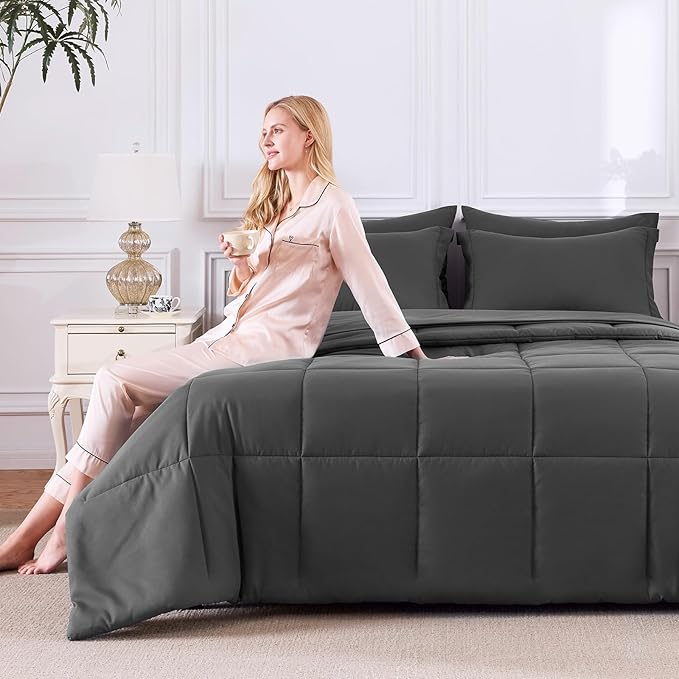 CozyLux Queen Comforter Set Dark Grey - 7 Pieces Bed in a Bag Queen, All Season Breathable Bedding Sets, Oeko-Tex Certified Bed Set with Down Alternative Comforter, Sheets, Pillowcases & Pillow Shams