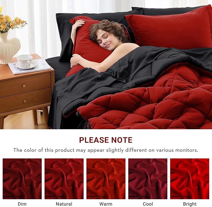 MUXHOMO 7 Pieces California King Comforter Set, Reversible Bed in a Bag Cal King Size, All Season Bedding Set with Comforter, Flat Sheet, Fitted Sheet, Pillowcases & Shams, Red & Black