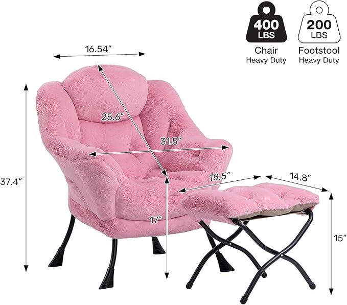 HollyHOME Lazy Chair with Foldable Ottoman, Accent Comfy Lounge Armchair and Folding Footrest Stool, Leisure Sofa Reading Chair and Footstool for Living Room, Bedroom, Dorm,Faux Fur Pink