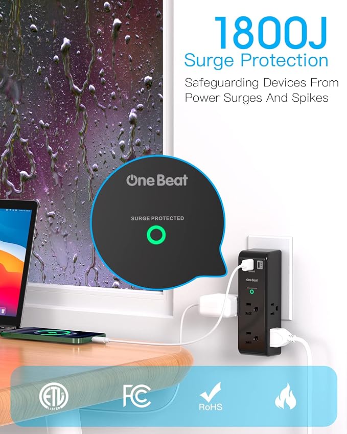 Surge Protector Outlet Extender with Rotating Plug, 6 AC Multi Plug Outlet with 3 USB Ports (1 USB C), 1800 J, 3-Sided Swivel Power Strip with Spaced Outlet Splitter for Dorm Office, Black-2 Pack