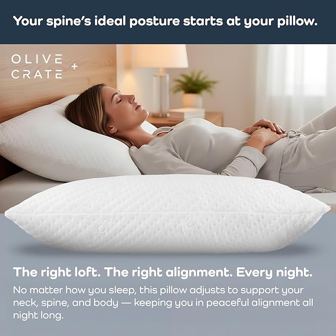 Olive + Crate BreathePure™ Adjustable Loft Shredded Memory Foam Pillow - Queen Size - Cooling Pillow, Hypoallergenic Bed Pillows, CertiPUR-US Certified Foam, Ideal for Back, Stomach and Side Sleeper