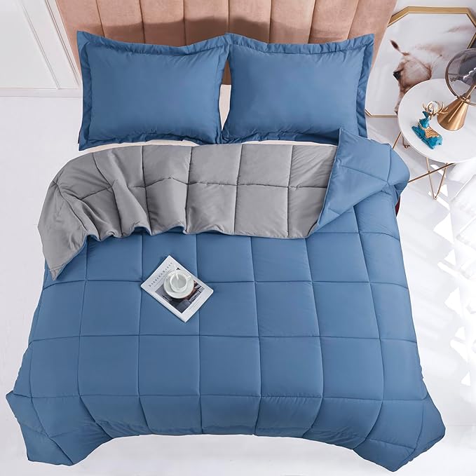 HIG 3pc Dusty Blue Queen Size Comforter Set - All Season Reversible Down Alternative Comforter with Sham - Quilted Duvet Insert with Corner Tabs - Box Stitched Blanket - Breathable, Soft, Fluffy