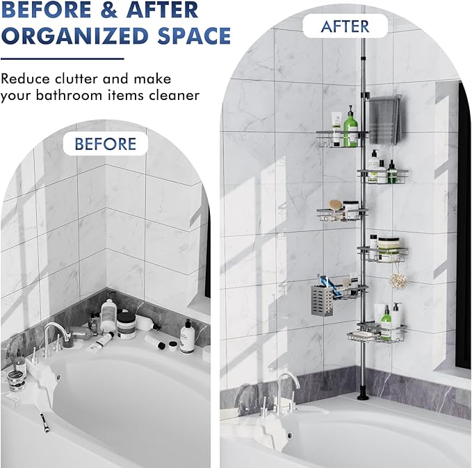 Corner Shower Caddy Tension Pole,30-120 Inch Adjustable Shower Organizer, 6-Tier Shower Shelves with Towel Rack/Toothbrush Holder/Soap Dish, Bathroom Corner Storage Rust-Resistant
