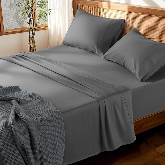 LBRO2M 100% Cotton Sheets Set Deep Pocket 19", 1000 Thread Count California King Size 4 Piece Bed Sheet Sets Soft Comfortable Bedding All Season (California King, Dark Grey) LBRO2MBedding