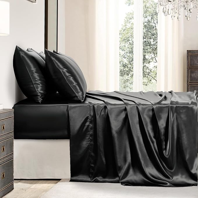 Satin Sheets Queen Size - 6 Pieces Luxury Silky Soft Bed Sheets, Wrinkle-Free Black Satin Silk Sheet Set with 1 Deep Pocket Fitted Sheet, 1 Flat Sheet, 4 Pillow Cases