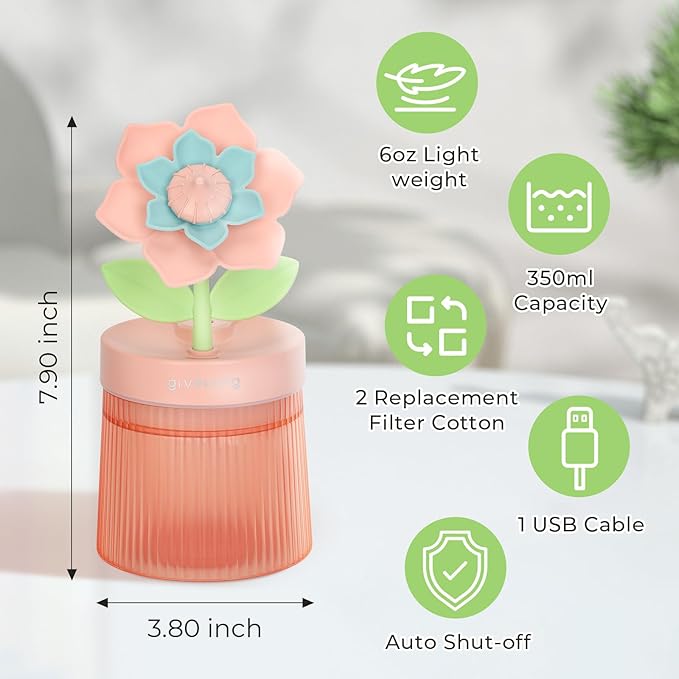 Cute Flower Mini Humidifier, Purple Gardenia Desktop Humidifiers for Bedroom, 260ml Portable Small Cool Mist Humidification, USB Powered, Auto Shut-Off, Perfect for Home, Office & Indoor Plants