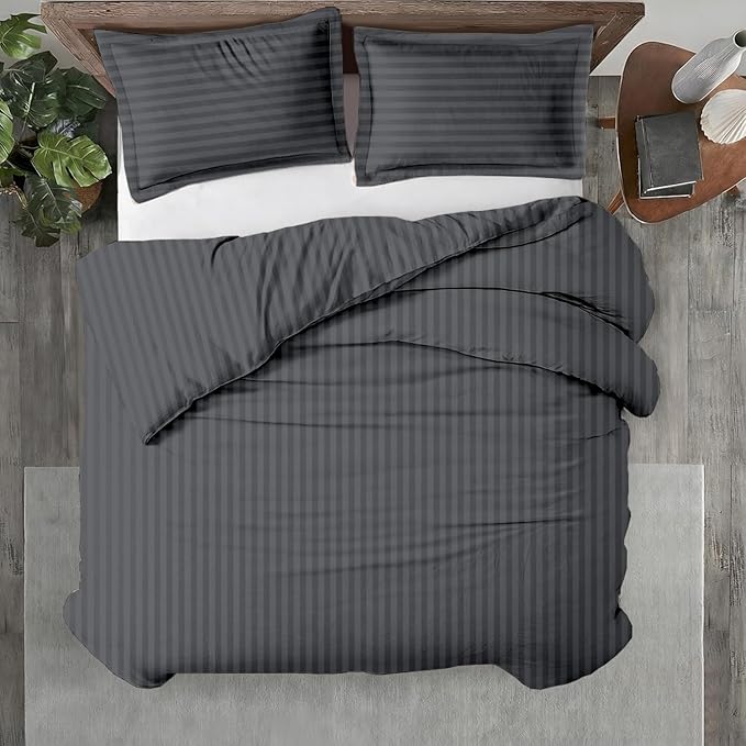 Kotton Culture 3 Pc California King Size Duvet Cover Set -100% Egyptian Cotton Sateen 600 TC Ultra Soft Premium Durable Comforter Cover Zipper Closure & Corner Ties (Striped Dark Grey,104"x98")