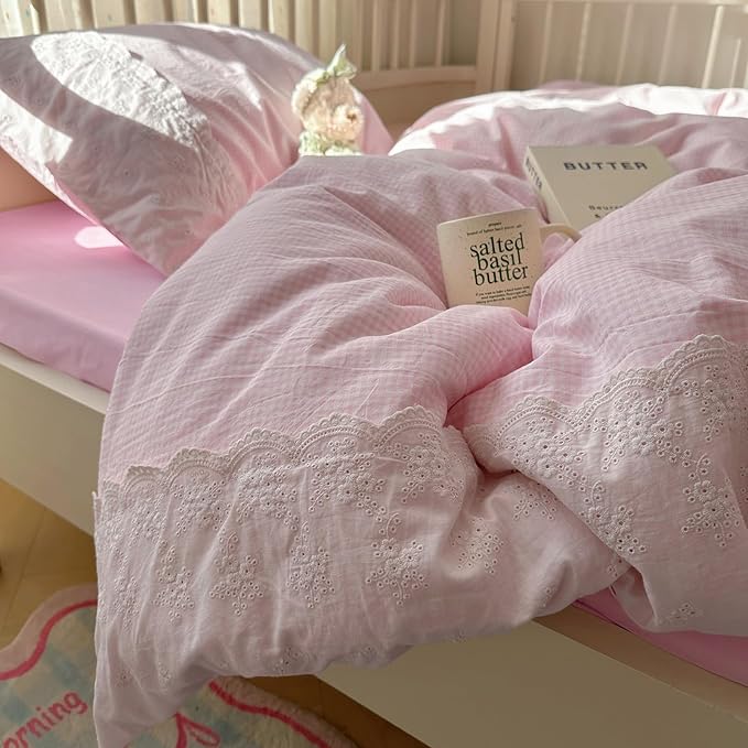 mixinni Pink Gingham Duvet Cover Twin Size - 3 Piece Cottagecore Plaid Bedding Set with Lace Trim, Soft Washed Microfiber Vintage Aesthetic Grid Comforter Cover & Pillow Shams, (Pink White Gingham)