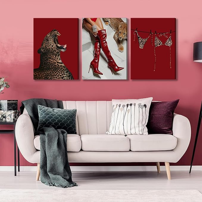 XLYFVLGF 3Pcs Red Fashion Leopard Canvas Wall Art Cheetah Wall Decor Pictures Stylish long boots print Bikini Painting Artwork for Living Room Bedroom Bathroom Corridor Home Decoration 16x24in