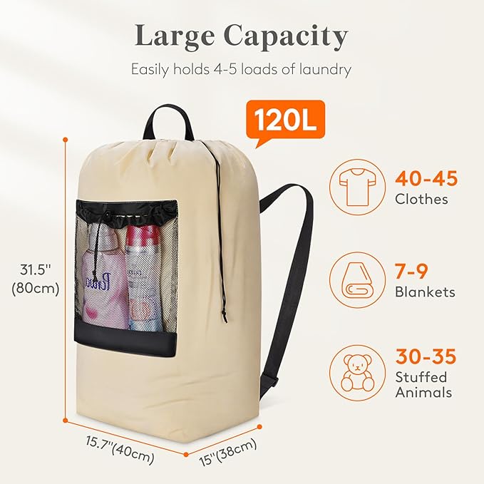 Lifewit 120L Laundry Bag, Extra Large Laundry Backpack with Shoulder Straps and Mesh Pocket for Laundromat, Heavy Duty Laundry Bag Backpack for Dirty Clothes for College Dorm/Travel/Apartment, Khaki