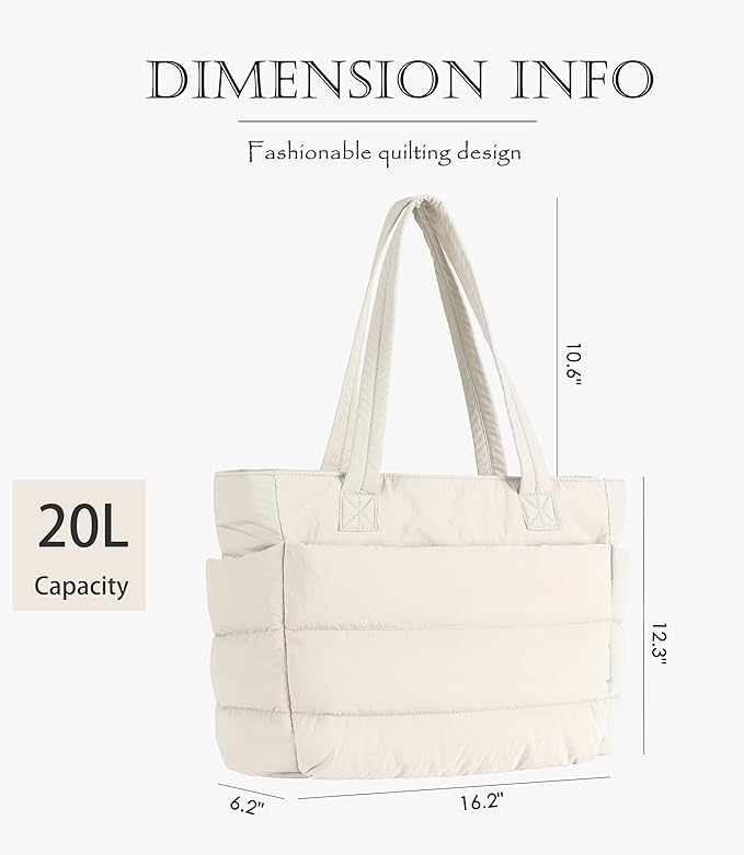 Puffer Tote Bag for Women, Cute Quilted Carryall with Zippered Compartments Shoulder Bag Handbag for Work, Travel, Gym