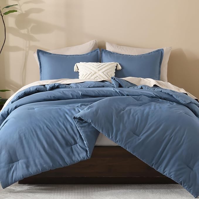 Litanika Comforter Set, Lightweight Solid Bedding Comforter Set, Fluffy Down Alternative Bed Set, Haze Blue, Oversized King