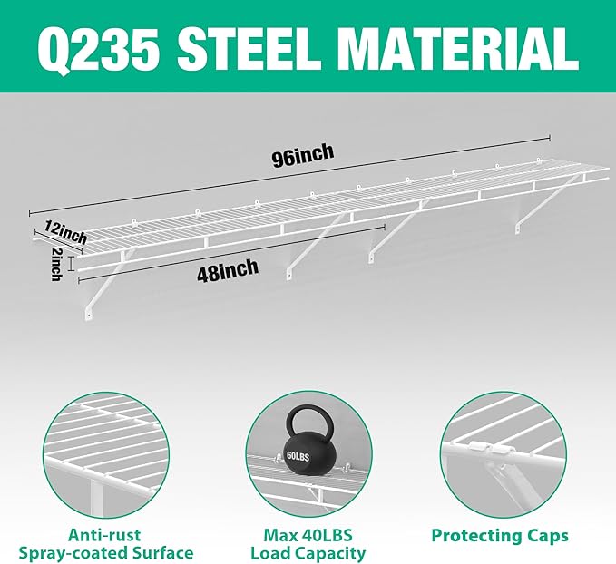 HAUSHOF Closet Shelves Wall Mounted 4-Pack, 4 ft x 12in White Wire Shelving for Laundry Room, Closet, Basement Organization and Storage