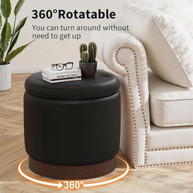 Round Storage Ottoman,Swivel Vanity Stool-Smooth Faux Leather Foot Rest,Footstool Pouf with Sturdy Acacia Wood Frame(500lbs),Small Coffee Table & Hidden Storage Ottoman for Living Room