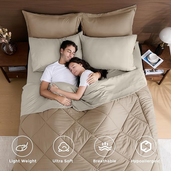 HEVUMYI Khaki & Linen California King Comforter Set - 7-Piece All Season Bed in a Bag Cal King, Ultra Soft Bedding Set with Comforter, Flat Sheet, Fitted Sheet, Pillowcases, Pillow Shams
