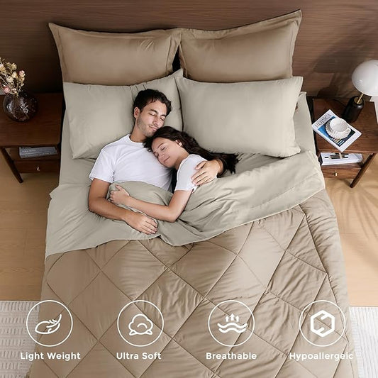 HEVUMYI Khaki & Linen Twin-XL Comforter Set - 5-Piece All Season Bed in a Bag Twin-XL, Ultra Soft Bedding Set with Comforter, Flat Sheet, Fitted Sheet, Pillowcases, Pillow Shams