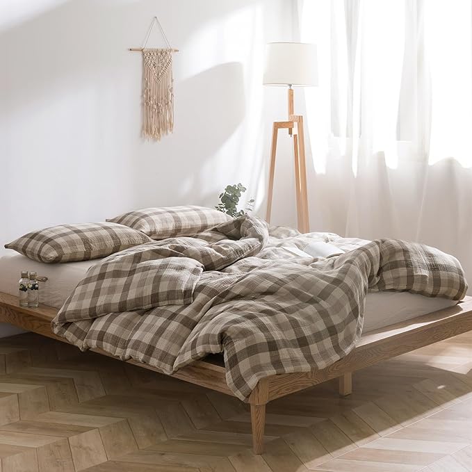 VM VOUGEMARKET King Duvet Cover Set Beige Grey Plaid Bedding Set Soft Breathable 3 Layers Muslin Cotton Linen Like Gauze Comforter Cover with Zipper Closure-3 Pieces,104"x90"