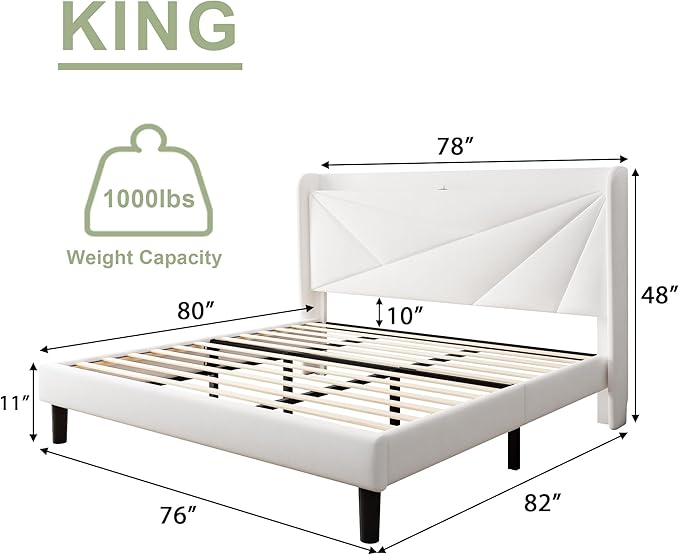 Feonase King Size Bed Frame with Charging Station, Upholstered Platform BedFrame with Wingback Storage Headboard, Solid Wood Slats Support, No Box Spring Needed, Noise Free, White