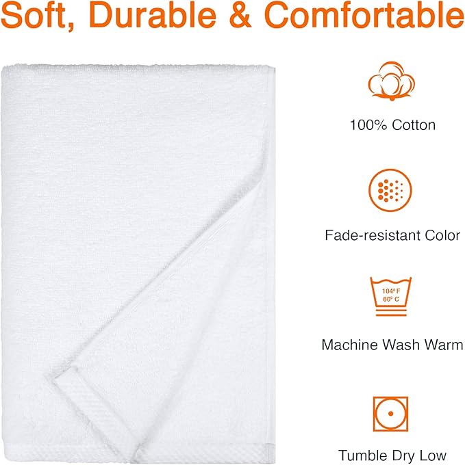 Amazon Basics 2 Piece Lightweight Quick-Dry Bath Towel, 100% Cotton, White, 54" x 30" (Pack of 12)