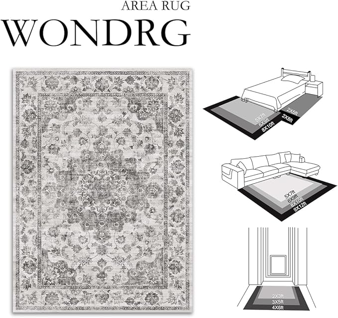 9x12 Neutral Area Rug Black Vintage Living Room Bedroom Washable Carpet Non-Slip Soft Low Pile Floral Indoor Large Throw Rug for Dining Room Office