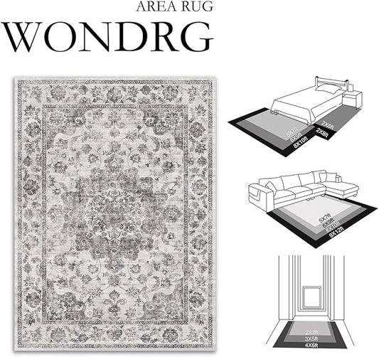 8x10 Washable Neutral Area Rug Black Vintage Living Room Bedroom Carpet Non-Slip Soft Low Pile Floral Indoor Large Throw Rug for Dining Room Office