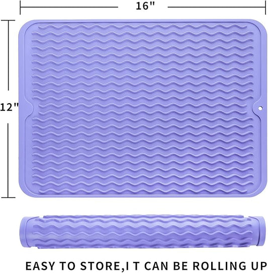 Silicone Dish Drying Mat for Multiple Usage,Easy clean,Eco-friendly,Heat-resistant Silicone Mat for Kitchen Counter or Sink,Refrigerator or drawer liner Light Purple L 16 inches x 12 inches