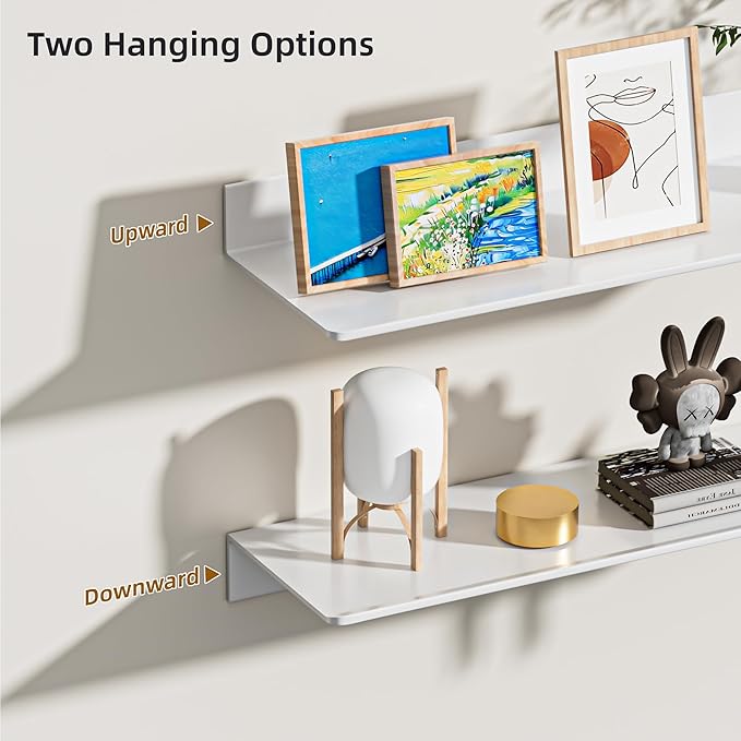 2-Piece White Metal Floating Shelves - Aluminum Alloy Wall Mounted Shelf No Drilling, Rust-Proof, 15.7" Width for Home Decor & Storage in Living Room, Bedroom, Bathroom