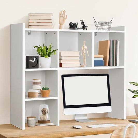 OOOK Desk Hutch, Desktop Bookshelf with 5 Shelves, Wood Desk Shelf for Computer, 3-Tier Desktop Bookshelf Organizer for Home Office Dorm, White