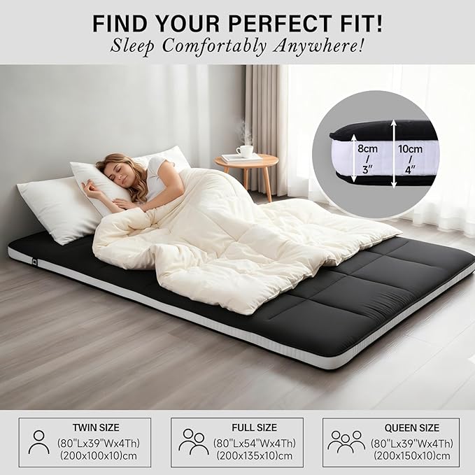 Tiita Floor Mattress Memory Foam Mattress Topper, 4" Thicken Futon Mattress with Storage Bag and 2 Straps, Portable Roll Up Travel Car Camping Mattress Sleeping Pad Full Size, Black