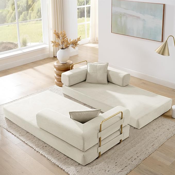 Antetek Convertible Futon Sofa Bed, 3-Seater Modern Corduroy Foam Floor King Size Bed Fold Out Sleeper Lounge Loveseat Sofa Couch with 2 Throw Pillows for Living Room Bedroom Guest Room, Beige