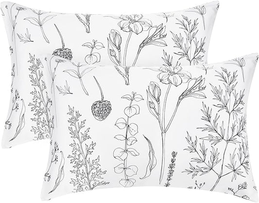 EXQ Home Pillowcase Silky Satin Pillowcase for Hair and Skin,Soft Cooling Printed Pillow Cases Queen Size Set of 2 Satin Pillow Case with Envelope Closure Flowers with White Background