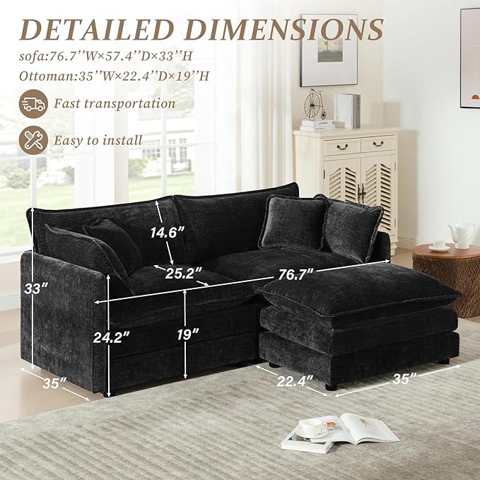 SoarFlash Chenille Sectional Sofa, Comfy L Shaped Modular Coush Sofa with Ottoman, Modern 2 Seat Couch Deep Seat Sofa Set for Living Room,Black