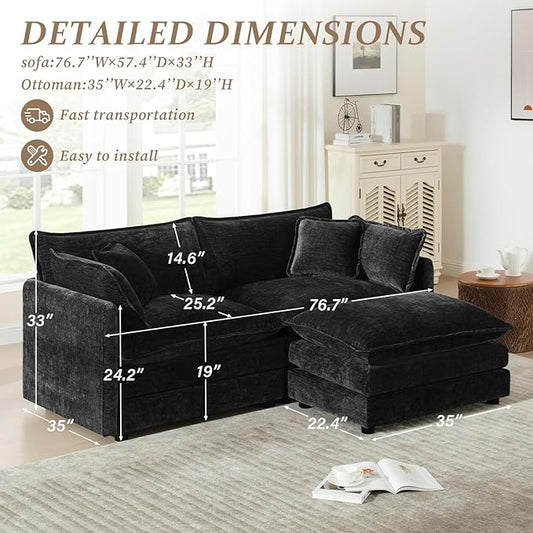 SoarFlash Chenille Sectional Sofa, Comfy L Shaped Modular Coush Sofa with Ottoman, Modern 2 Seat Couch Deep Seat Sofa Set for Living Room,Black