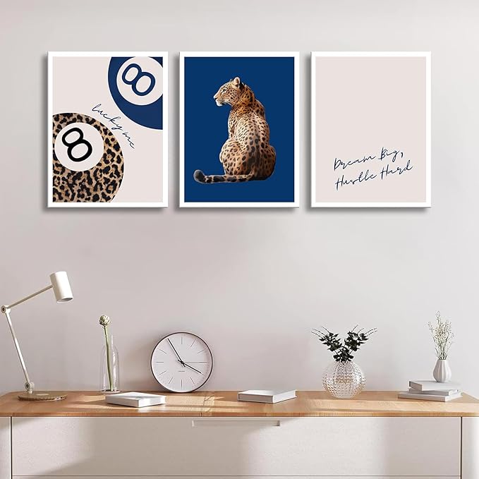 Navy Blue 3 Pcs Leopard Print Wall Art Cheetah animal prints 8 Ball Lucky Me pictures Trendy Wall decor Y2k aesthetics painting artwork for Apartment Dormitory College style Decoration16x24in Poster