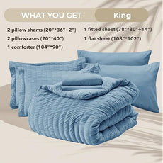 HYMOKEGE Mineral Blue King Size Comforter Set Seersucker 7 Pieces, All Season Luxury Bed in a Bag for Bedroom, Bedding Set with Comforter, Sheets, Pillowcases & Shams