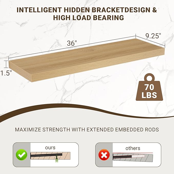 36 Inch Floating Shelves, 3D Textured Wood Grain, 36"x9.25"x1.5" Inch Deep Floating Shelves for Wall, Wooden Shelves for Bathroom, Bedroom, Living Room, Natural, 2 Pieces