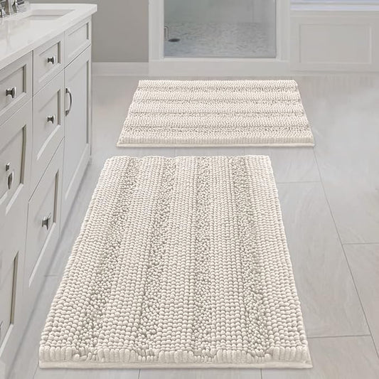 H.VERSAILTEX Ivory Bath Mat Bath Rugs, Extra Thick Striped Bath Rugs for Bathroom 2 Piece Bathroom Set, Anti-Slip Soft Plush Chenille Shaggy Mat Water Absorbent (Ivory, 20" x 32"/17" x 24")
