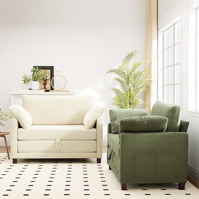 51" Convertible Loveseat Sofa Bed, 2-in-1 Folding Sofa Bed with 2 Pillow for Small Spaces, Modern Loveseat Sleeper Couch for Apartment, Living Room & Guest Room (Green Corduroy, 51 inch)