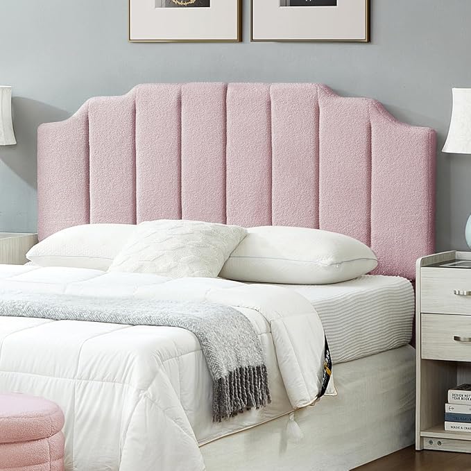 24KF Pink Teddy Fabric Tufted for Queen Upholstered Headboard, Modern Vertical Channel Design Full Headboard with Stepped Silhouette Top Edge,6026-Q-Teddy Pink