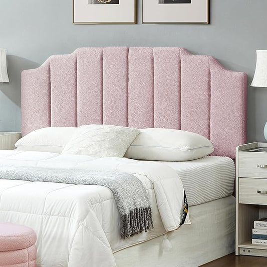 24KF Pink Teddy Fabric Tufted for Queen Upholstered Headboard, Modern Vertical Channel Design Full Headboard with Stepped Silhouette Top Edge,6026-Q-Teddy Pink