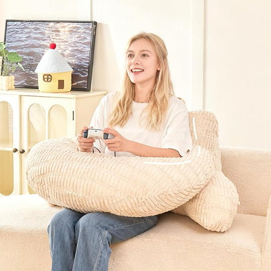 Back Pillow for Bed Sitting Up,U Shaped & Back Support Pillow for Bed,17" Backrest with Lumbar & Arm Support,Comfy Corduroy Fabric,Lap Pillow for Gaming/Reading/Watching TV,White
